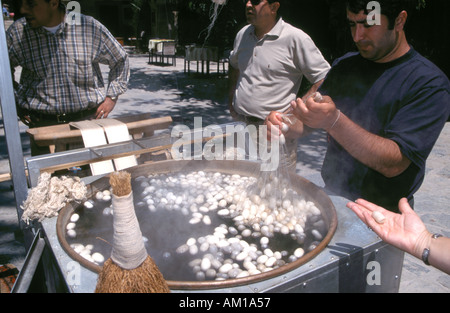 Seidenraupe Arbeitnehmer, die mit der Kokons und feine Fäden in den Entscheidungsprozess in China Seide. Stockfoto