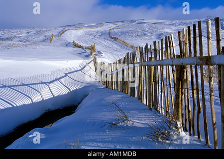 Glenshee Ski Centre Scotland Cairngorms National Park; Holzzäune, Urlaub, Skifahren, Gipfel, Piste. Schottische Winterschneeszene; Braemar, Schottland, Großbritannien Stockfoto