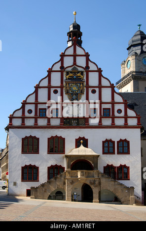 Renaissance-Giebel, historische Uhr, Sonnenuhr, altes Rathaus, Plauen, Vogtland, Sachsen, Deutschland Stockfoto