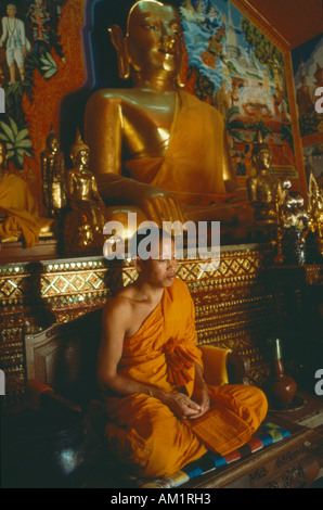 THAILAND Chiang Mai Wat Phrathat Doi Suthep Berg Tempel Mönch meditieren im Lotussitz unten sitzen goldene Buddha-statue Stockfoto