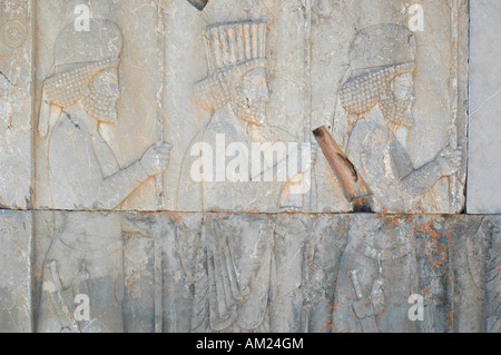 Krieger-Reliefs im Apadana Palast Treppen PERSEPOLIS Iran Stockfoto