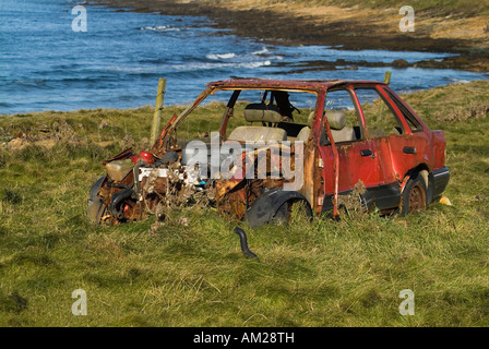 dh aufgegeben rostigen Auto UMWELT ABFALL Großbritannien SCHOTTLAND gedumpt wracked alte Autos links, um im Feld Rostschrott Wrack verrostet verrostet verfaulen Stockfoto