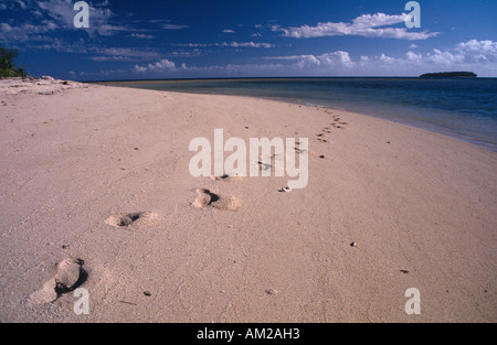 Pazifik Inseln Melanesien Fidschi Caqelai Island Strände Fußspuren im Sand führt hinaus in Ferne am menschenleeren Sandstrand Stockfoto