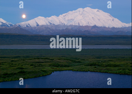 Der Vollmond und Mt McKinley Denali Nationalpark Alaska Stockfoto