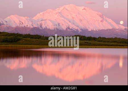 Der Vollmond und Mt McKinley von Reflection Pond Denali Nationalpark, Alaska Stockfoto