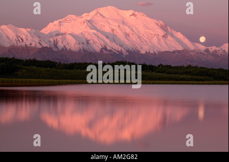 Der Vollmond und Mt McKinley von Reflection Pond Denali Nationalpark, Alaska Stockfoto