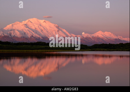 Der Vollmond und Mt McKinley von Reflection Pond Denali Nationalpark, Alaska Stockfoto