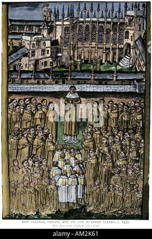 New College der Universität Oxford und seine hundert Kleriker circa 1453. Hand - farbige Holzschnitt Stockfoto