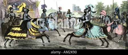 Ritter in einem Turnier im Mittelalter. Hand - farbige Gravur Stockfoto
