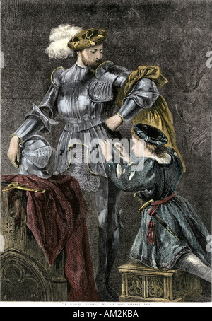 Ritter in Rüstung gekleidet. Hand - farbige Holzschnitt eines John Gilbert Malerei Stockfoto