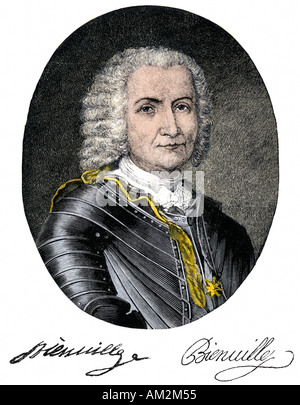 Jean Baptiste Le Moyne Sieur de Bienville Portrait mit Autogramm. Hand - farbige Holzschnitt Stockfoto