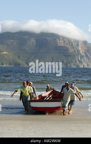 Fischer ziehen Boot am Strand, Hout Bay, Kapstadt, Südafrika Stockfoto