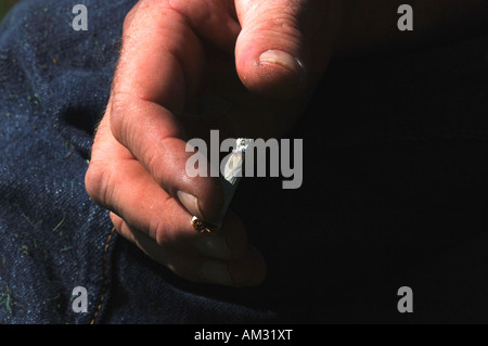 Ein Mans Hand Holding eine ungefilterte Rollup beleuchtete Zigarette Stockfoto