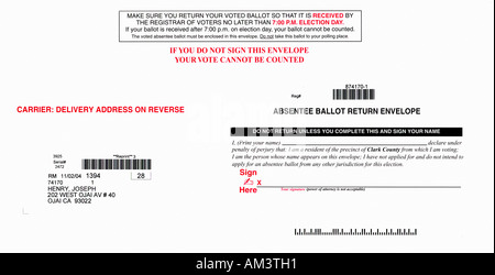 Offizielle Wahl Post Briefwahl zurück Umschlag Stockfoto