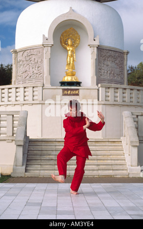 Carol Smith Yogalehrer Surya Namaskar Sonnengrüsse vor der Milton Keynes buddhistische Friedenspagode zu tun Stockfoto