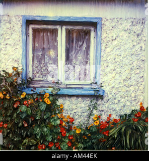 Europa, Irland, Dingle. Blau gerahmte Fenster auf weißen Wand mit Blumen. Polaroid SX70 Manipulation Stockfoto