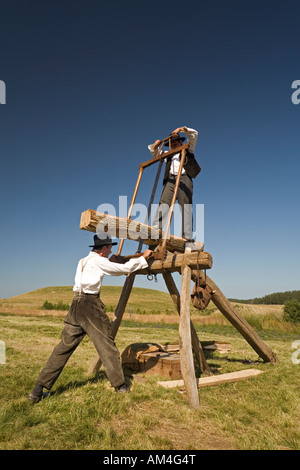 Grube Waldarbeiter bei der Arbeit (Puy-de-Dôme - Frankreich). Scieurs de lange in Aktion (Puy-de-Dôme 63 - Frankreich). Stockfoto