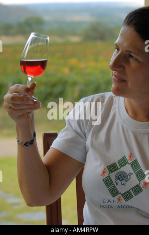 Eine Frau betrachten ihr Glas Wein bei einer Weinprobe auf einem Weingut in der Alto Valle de Cafayate Stockfoto