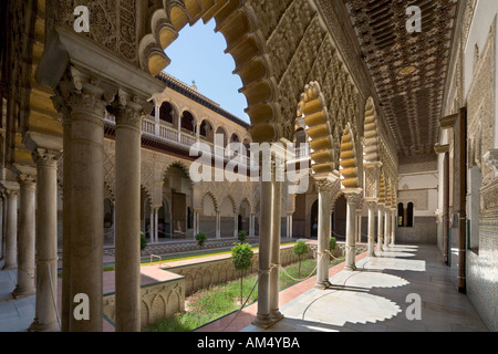 Sevilla, Alcazar. Der Patio de Las Huasaco (The Courtyard der Jungfrauen), Alcazar, Sevilla, Andalusien, Spanien Stockfoto