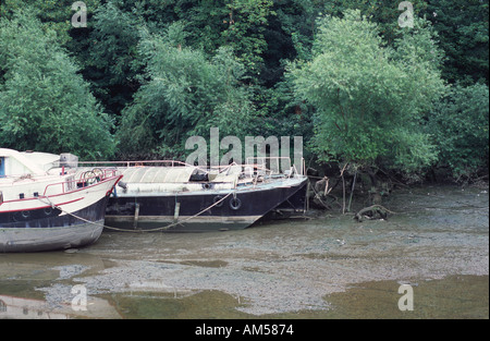 Hausboote Robbie bei Ebbe auf dem Fluss Themse Isleworth Middlesex, England UK Stockfoto