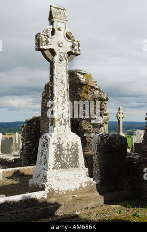 Verwitterten Sie keltischen Stil Highcross montiert in den Ruinen der alten Kirche von Slane bedeckte Hügel mit weißen Flechten, Slane Co Meath Stockfoto