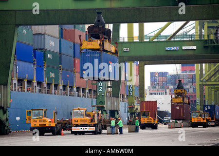 Container im Hafen von Singapur gestapelt bekommen von LKW und Maschinen geladen. Stockfoto