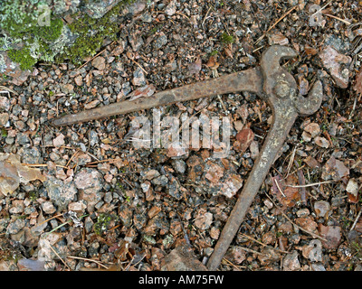 alte rostige Zange auf Boden auf Steinen Stockfoto