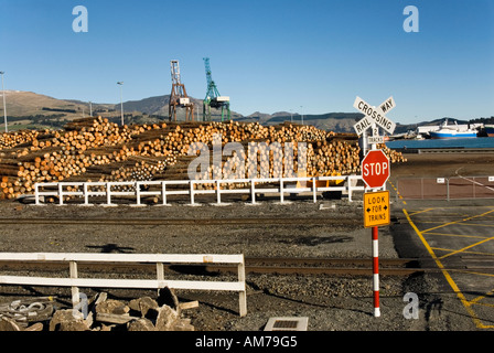 Blick über den Gleisen zu Haufen von Protokollen, die Verladung in Lyttelton Port New Zealand erwartet Stockfoto