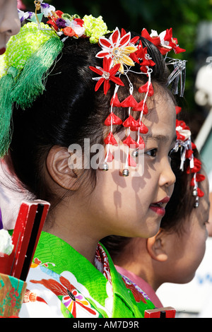 Kleine japanische Mädchen gekleidet mit einem traditionellen Kimono, Japan Messe, Düsseldorf, NRW, Deutschland Stockfoto