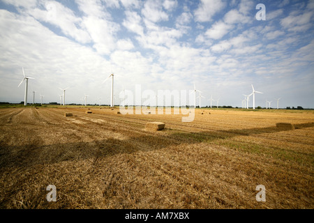 Windkraftanlagen auf Stoppelfeld Stockfoto