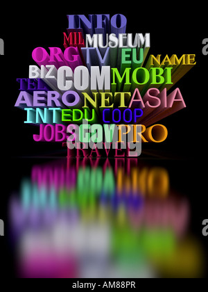 internationale Domains Text in 3d über schwarz isoliert Stockfoto