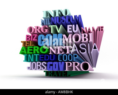 internationale Domains Text in 3d über weißen isoliert Stockfoto