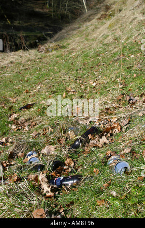 Ausrangierte Bierdosen und Flaschen in ländlicher Lage Stockfoto
