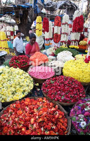 Eine bunte Blume stall auf dem Gandhi-Basar in Bangalore, Indien, mit Körben von kühn farbigen Blumen und Girlanden aufhängen. Stockfoto