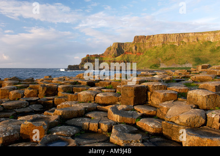 Der Giant's Causeway, Irland. Über sechseckige Felssäulen des Grand Causeway bis hin zu Felsspitzen, die als Schornsteine bekannt sind Stockfoto
