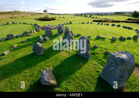 Beaghmore prähistorischen Stein Kruege in Sperrin Mountains, Co. Tyrone, Irland, von 2000 bis 1200 v. Chr. bis heute Abendlicht. Stockfoto