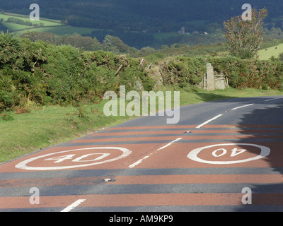 Dartmoor Nationalpark 40 km/h Verkehr Zone Straße Markierungen Devon Westengland England uk gb Stockfoto