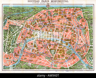 Nouveau Paris monumentale 1905 3D bebilderte touristische Karte der Sehenswürdigkeiten der französischen Hauptstadt und der neuen U-Bahn Stockfoto