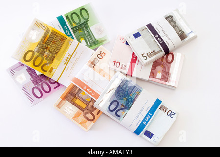 Bündel von Euro-Banknoten, Draufsicht Stockfoto