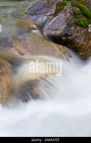 Ein schnell bewegten Gebirgsbach stürzt Vergangenheit Moos Felsen dekoriert Stockfoto