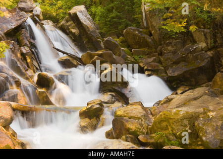 Ein schnell bewegte Berg Wasserfall rauscht vorbei an Felsen Stockfoto