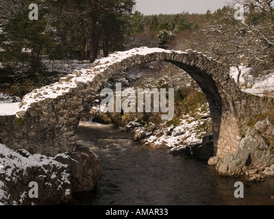 Alte Brücke von Carr 1717 Packesel Brücke über den Fluss Dulnain im späten Winter. In Carrbridge Speyside Highland Schottland Großbritannien Großbritannien Stockfoto