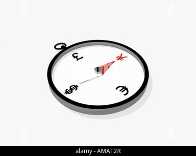 Ein Kompass zeigt auf eine Yen-Zeichen Stockfoto