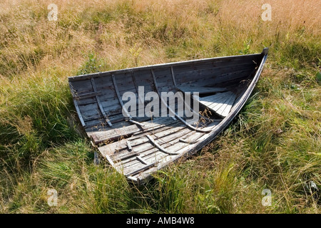 die Hälfte schneiden Holz Ruderboot auf dem Rasen Stockfoto