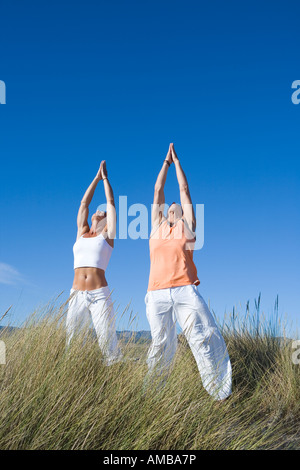 paar üben Yoga in der Natur Stockfoto