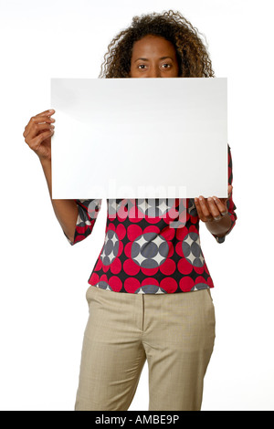 Frau Holding Zeichen Stockfoto