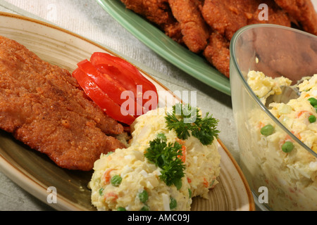 Panierte gebratene Schweinekoteletts mit Kartoffelsalat mit Mayonnaise auf einem Teller Koteletts und Gemüsekost niemand über horizontalen Hi-res Stockfoto