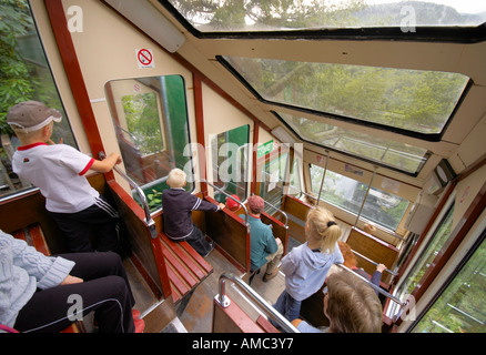Besucher an Bord das Wasser powered Cliff Railway im Zentrum für Alternative Technologie Machynlleth Wales Stockfoto