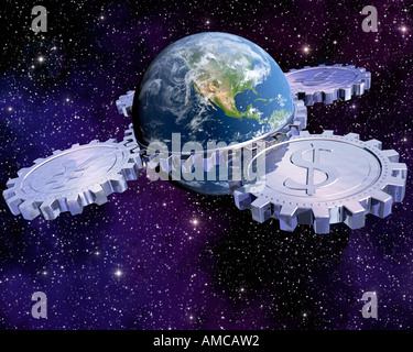 Globus mit Zahnrädern und monetären Symbole Stockfoto