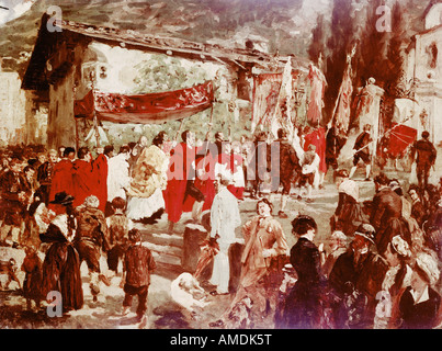 Bildende Kunst, Degas, Edgar (1834-1917), Malerei, Prozession in Tirol, Öl auf Leinwand, Strassburg Museum, copie nach Adolph von M Stockfoto